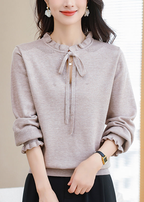 Natural Coffee Ruffled Tie Lace Thick Cotton Knit Sweater Puff Sleeve