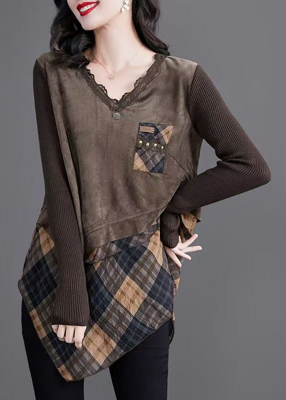 Natural Coffee V Neck Asymmetrical Plaid Patchwork Tops Spring