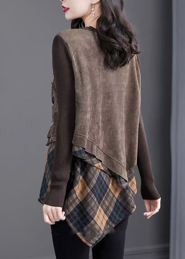 Natural Coffee V Neck Asymmetrical Plaid Patchwork Tops Spring