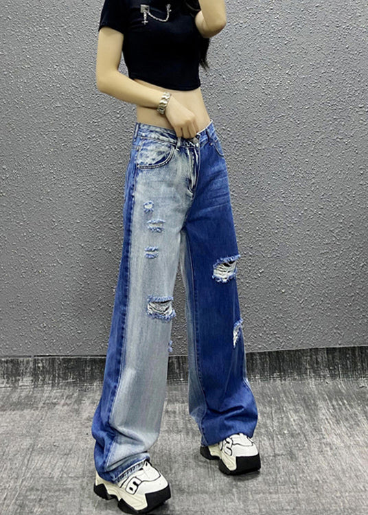 Natural Colorblock Pockets Ripped Denim Straight Pants Fall