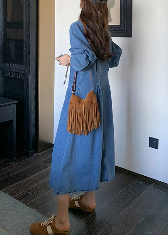 Natural Denim Blue Peter Pan Collar Zippered Patchwork Long Dress Fall