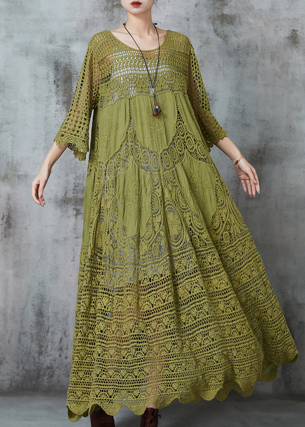 Natural Green Hollow Out Exra Large Hem Cotton Dress Summer