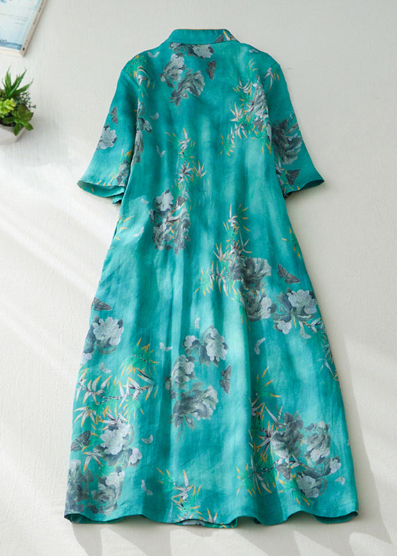 Natural Green Stand Collar Print Button Long Dress Short Sleeve