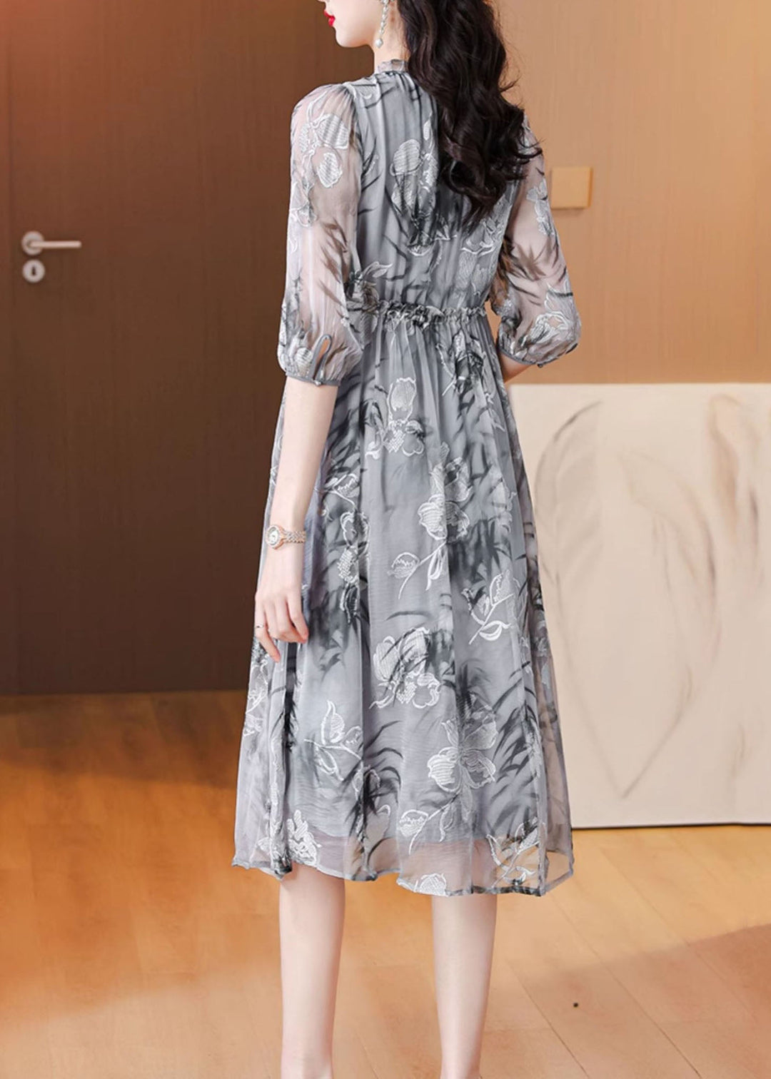 Natural Grey V Neck Ruffled Print Silk Dress Summer