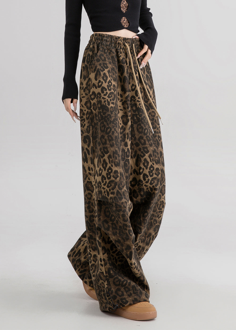 Natural Leopard Pockets Print Drawstring Straight Pants Spring