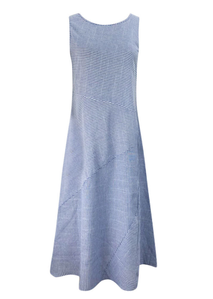 Natural Light Blue O Neck Striped Cotton Long Dresses Sleeveless