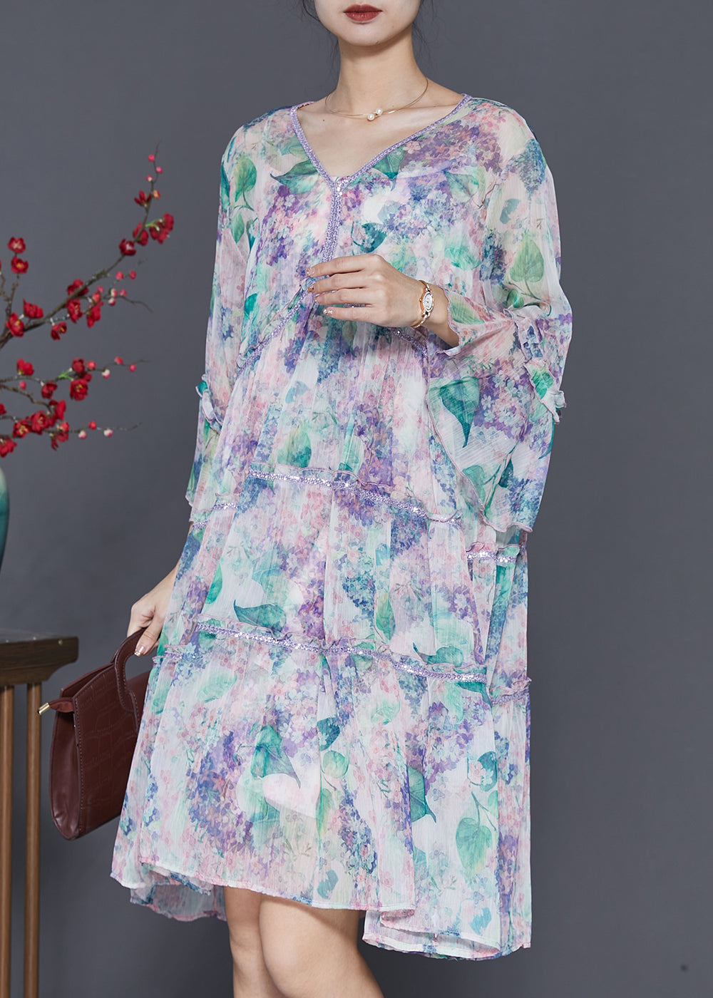 Natural Light Purple V Neck Print Chiffon Dresses Summer