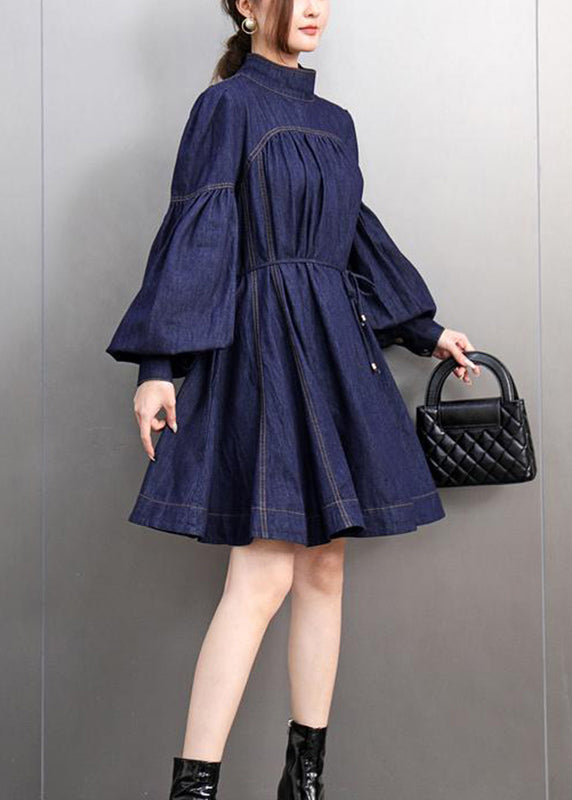 Natural Navy Bow Patchwork Denim Mid Dress Lantern Sleeve