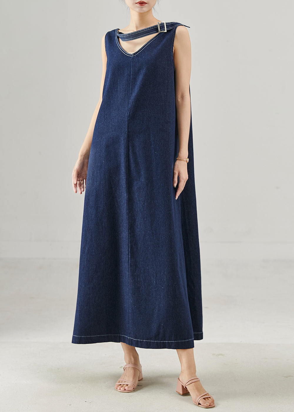 Natural Navy Oversized Denim A Line Dresses Sleeveless