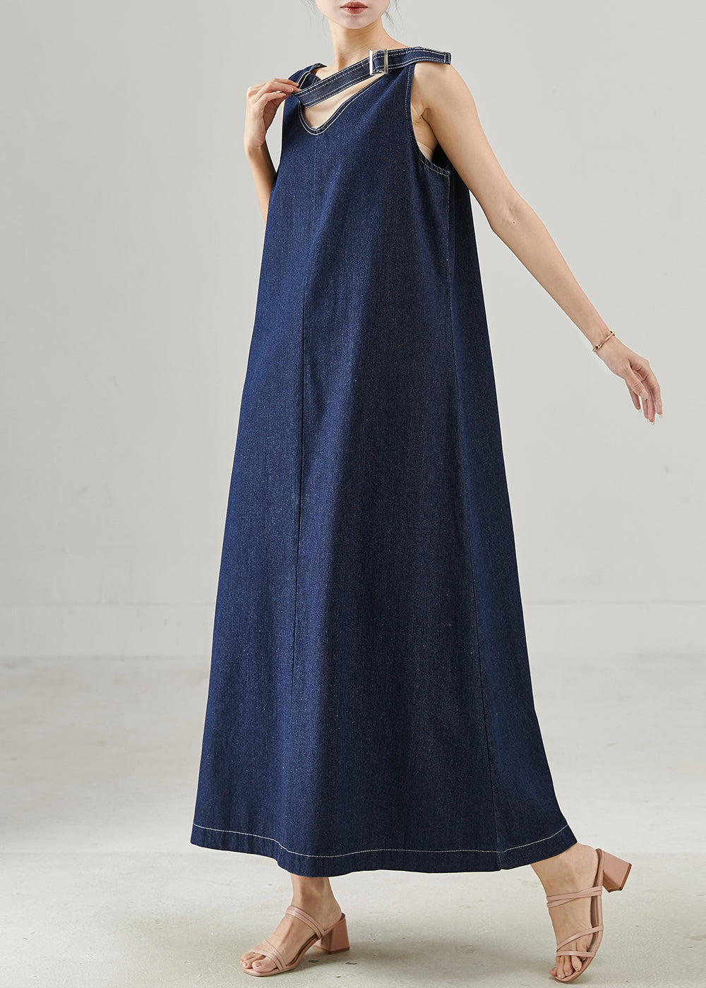 Natural Navy Oversized Denim A Line Dresses Sleeveless