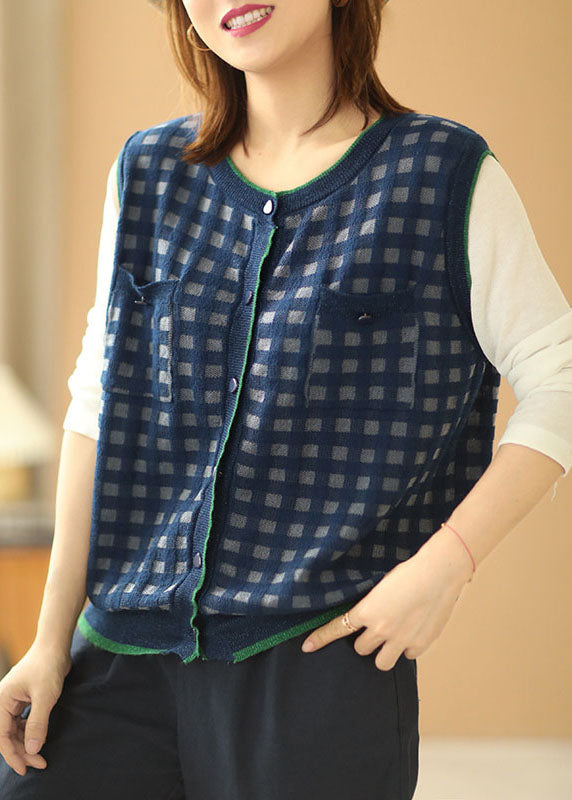 Natural Navy Plaid Button Pockets Fall Sleeveless Waistcoat