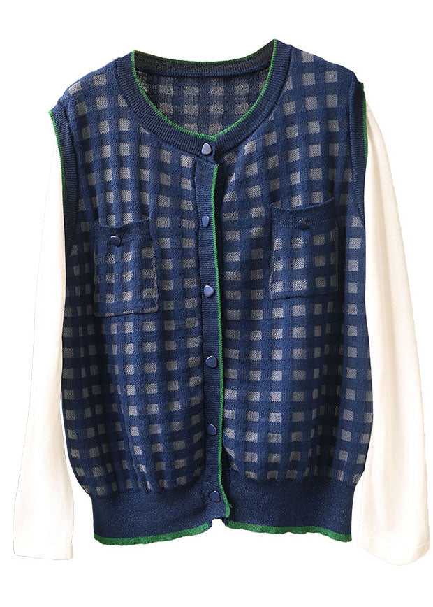 Natural Navy Plaid Button Pockets Fall Sleeveless Waistcoat