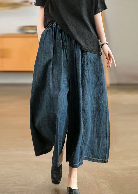 Natural Navy Pockets Elastic Waist Denim Wide Leg Pants Summer