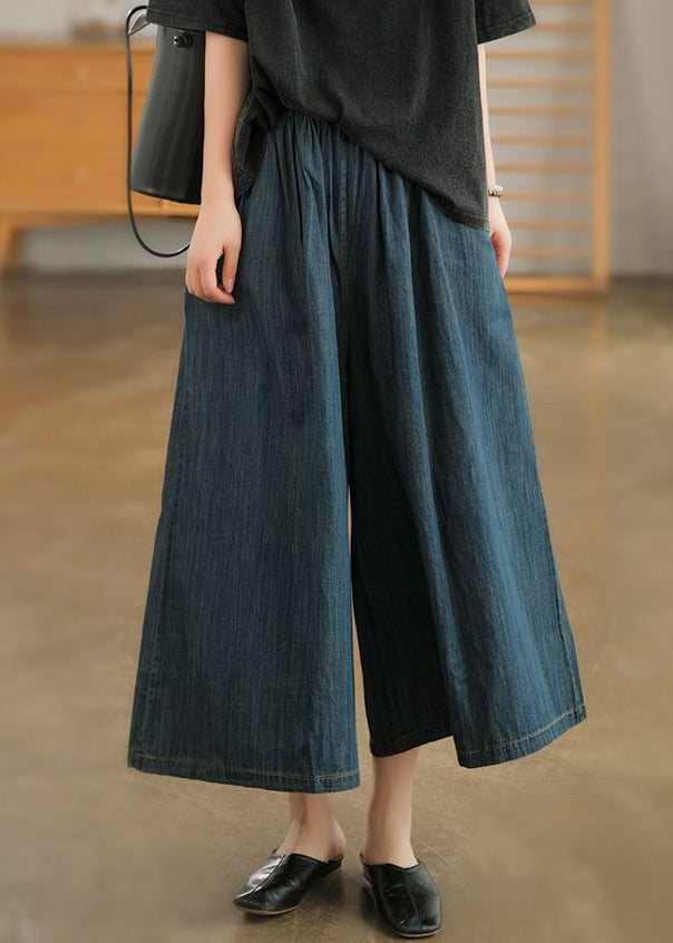 Natural Navy Pockets Elastic Waist Denim Wide Leg Pants Summer