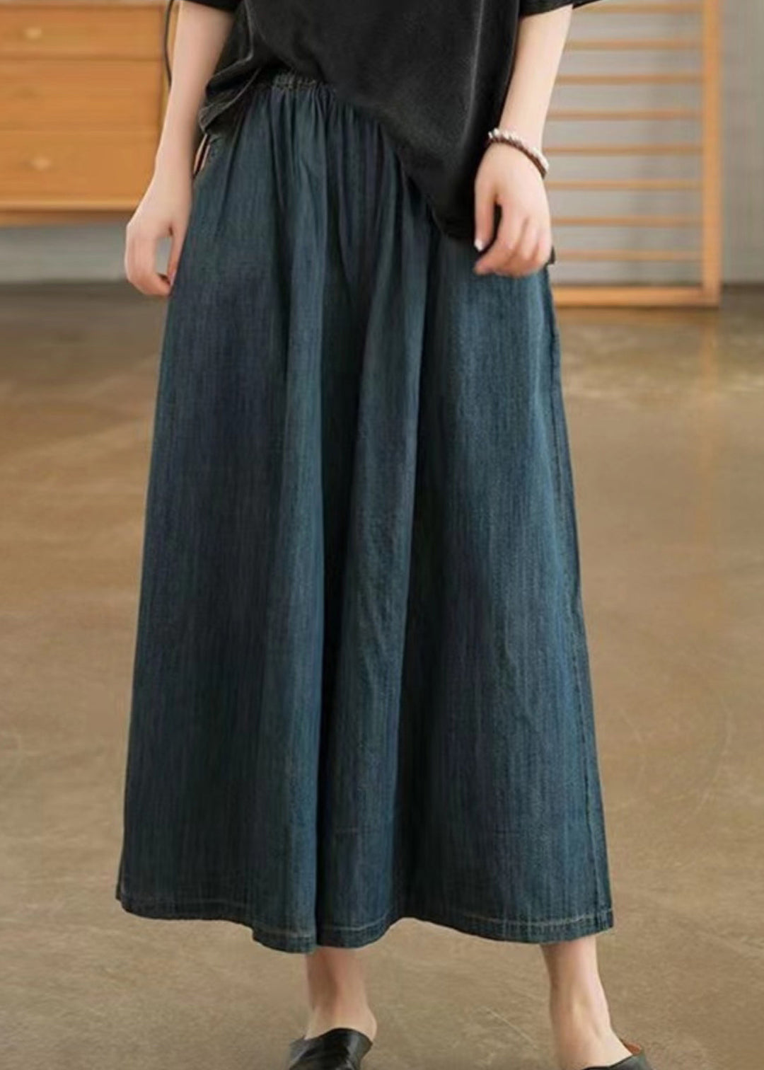 Natural Navy Pockets Elastic Waist Denim Wide Leg Pants Summer