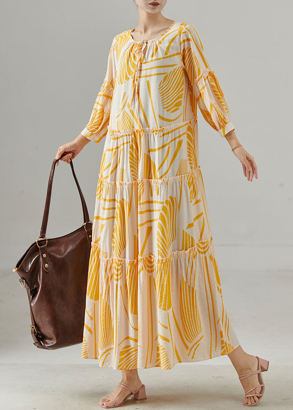 Natural Orange Oversized Print Cotton Robe Dresses Fall