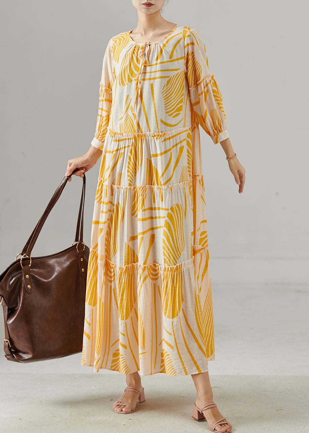 Natural Orange Oversized Print Cotton Robe Dresses Fall