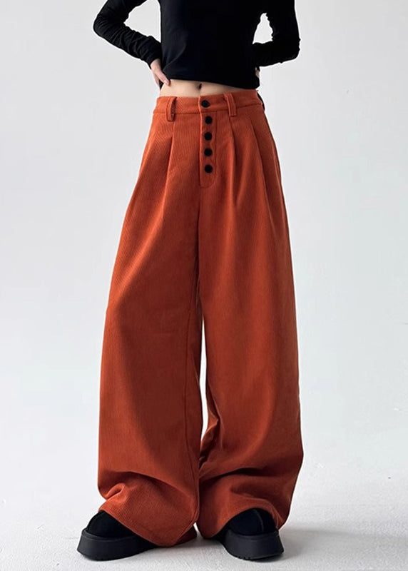 Natural Orange Pockets Patchwork High Waist Corduroy Wide Leg Pants Spring