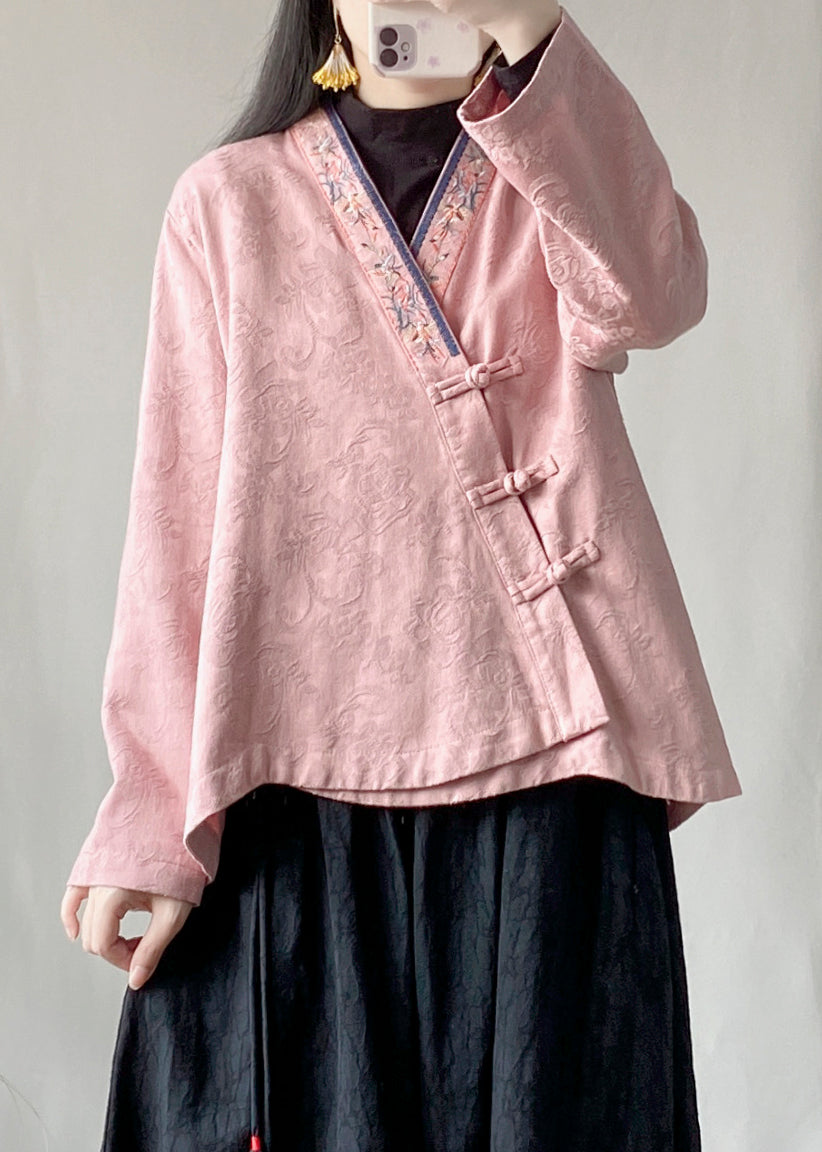 Natural Pink Embroidered Jacquard Cotton Oriental Shirt Spring