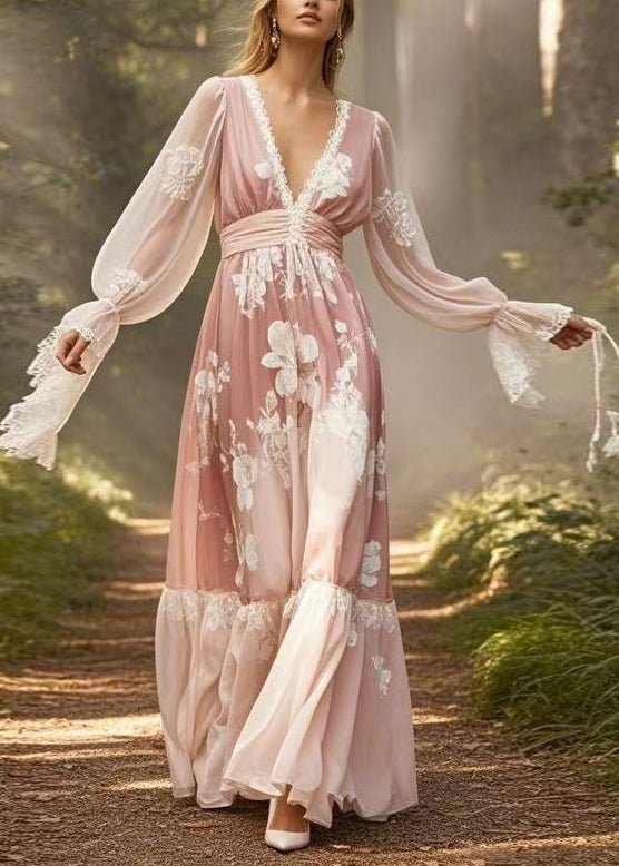 Natural Pink Print Lace Patchwork Chiffon Maxi Dresses Flare Sleeve