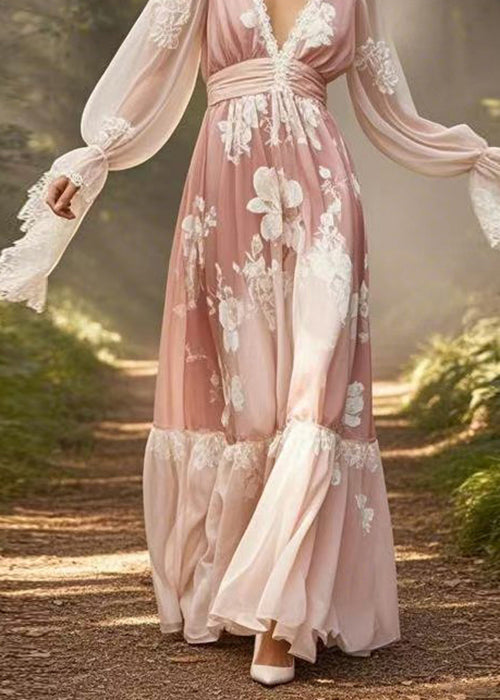 Natural Pink Print Lace Patchwork Chiffon Maxi Dresses Flare Sleeve