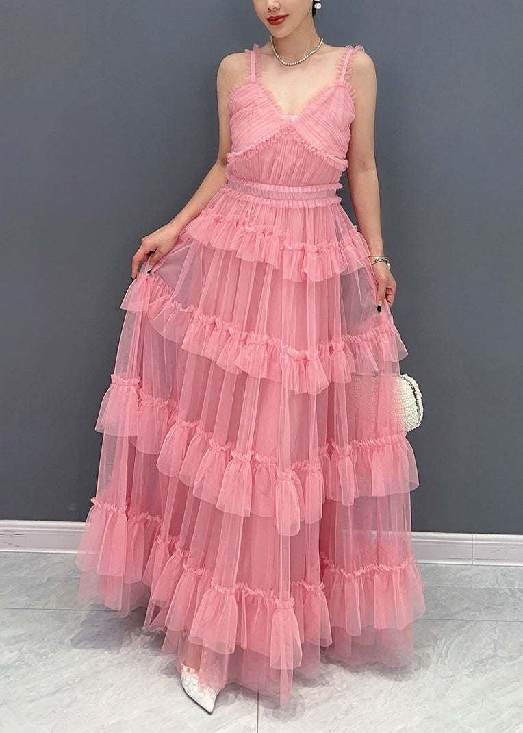 Natural Pink Ruffled Patchwork Tulle Spaghetti Strap Long Dress Summer