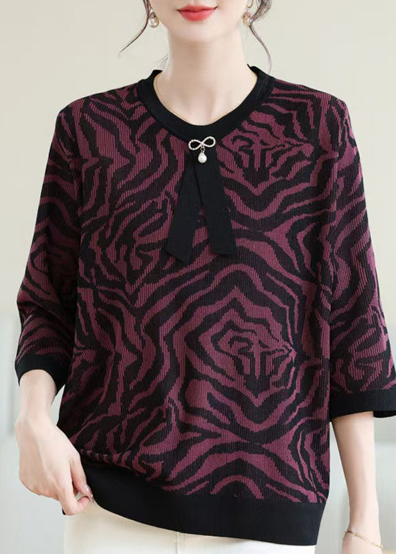 Natural Purple O Neck Print Ice Silk Knit Tops Bracelet Sleeve