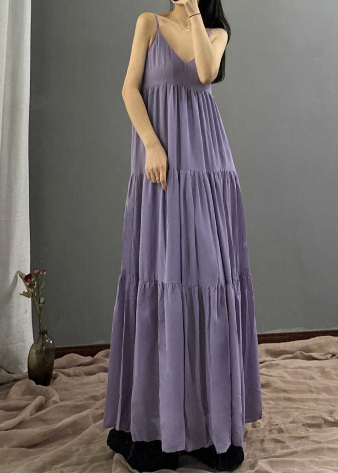 Natural Purple V Neck Patchwork Chiffon Long Spaghetti Strap Dress Summer