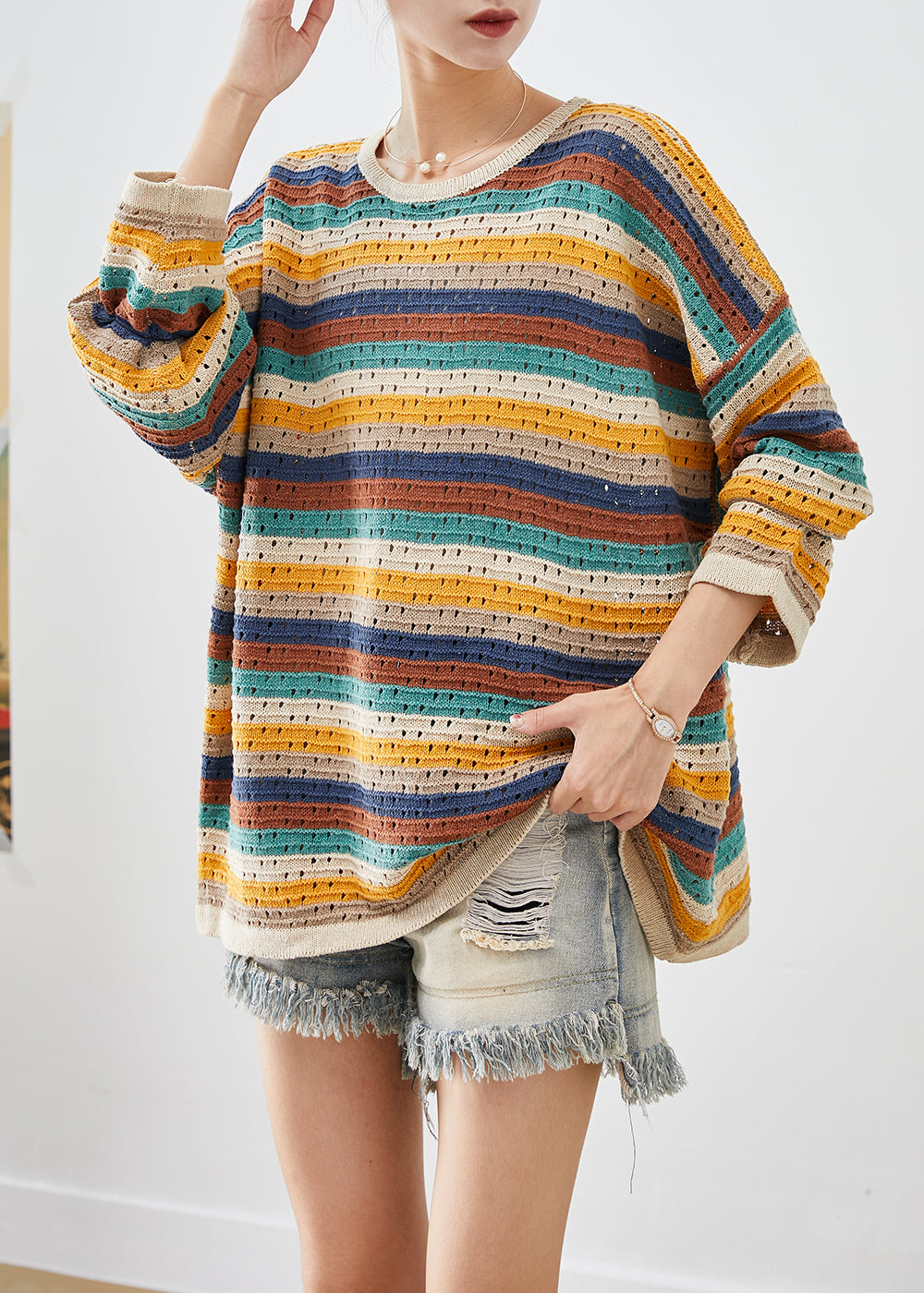 Natural Rainbow Striped Hollow Out Knit Sweater Spring