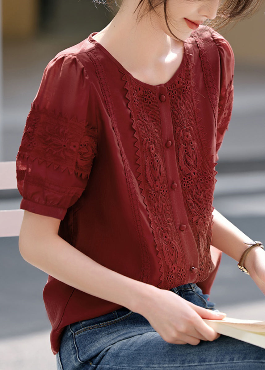 Natural Red O-Neck Embroidered Cotton Blouses Summer