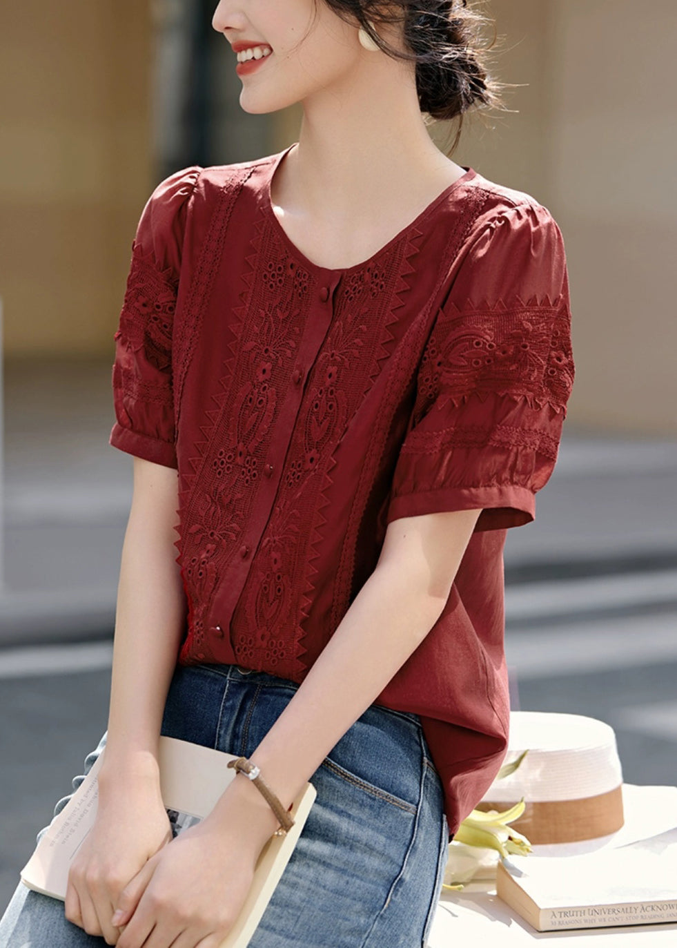 Natural Red O-Neck Embroidered Cotton Blouses Summer