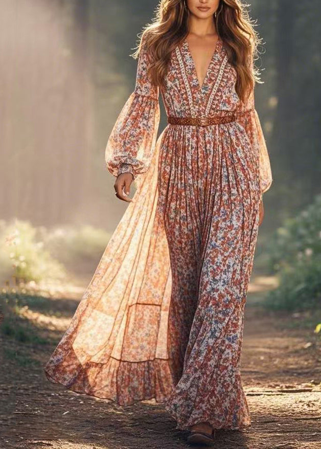 Natural Red Print Wrinkled Chiffon Maxi Dresses Spring