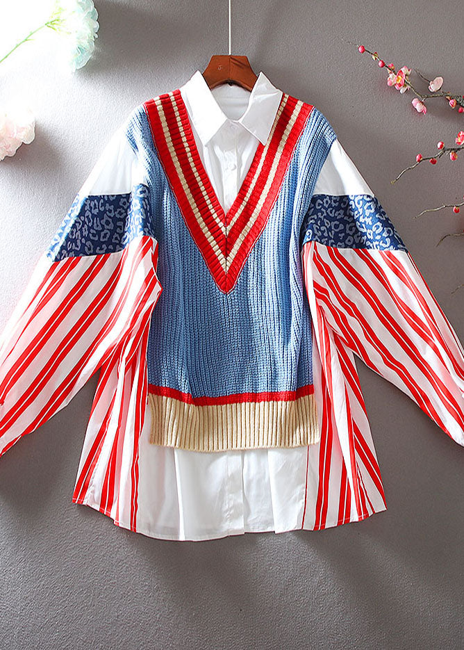 Natural Red Striped Patchwork Knit Fake Two Piece Shirt Tops Spring