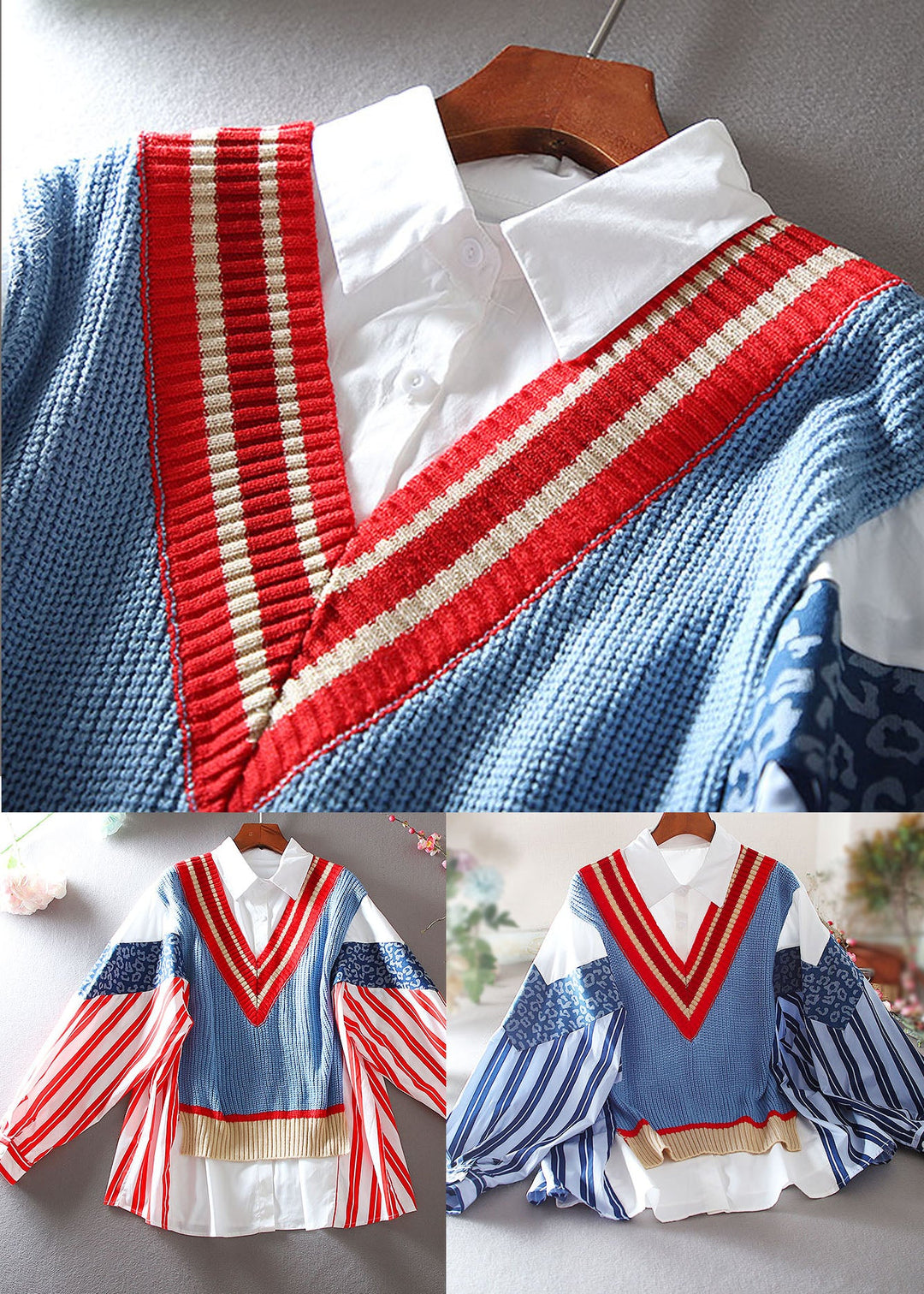 Natural Red Striped Patchwork Knit Fake Two Piece Shirt Tops Spring