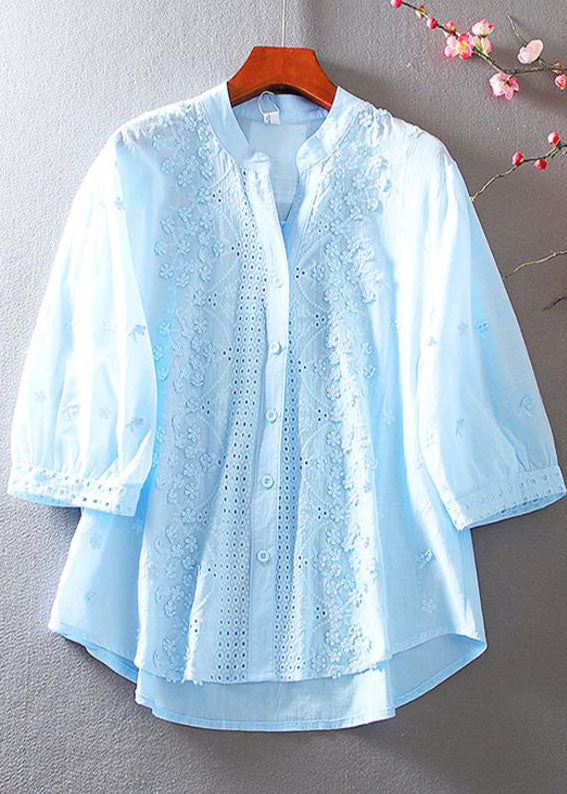 Natural Sea Blue Embroidered Cotton Shirt Bracelet Sleeve