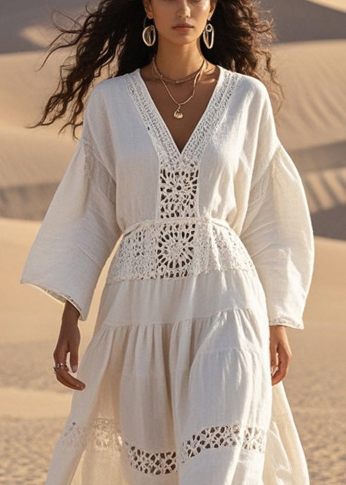 Natural White V Neck Hollow Out Cotton Maxi Dresses Fall