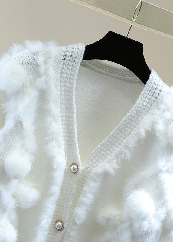 Natural White V Neck Thick Cotton Knit Sweater Spring