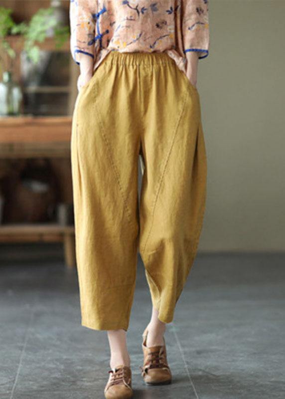 Natural yellow-half pattern Elastic Waist Summer Linen Harem Pants