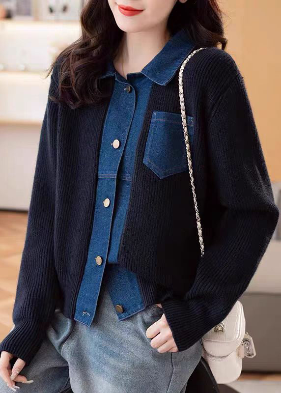 Navy Denim Patchwork Knit Coats Peter Pan Collar Spring