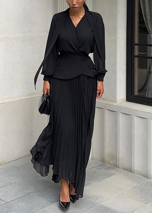 New Black Asymmetrical Design Top And Pleated Skirt Set Fall