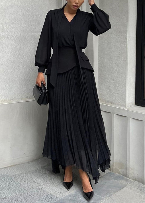 New Black Asymmetrical Design Top And Pleated Skirt Set Fall