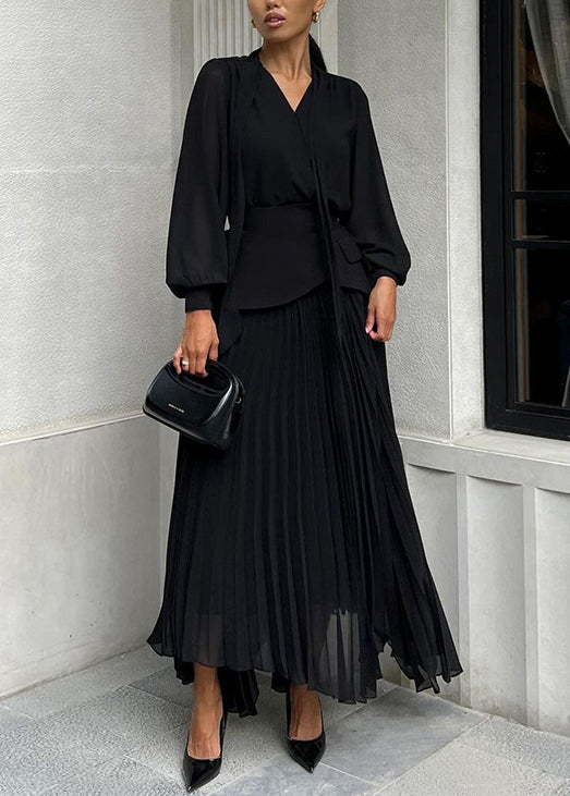 New Black Asymmetrical Design Top And Pleated Skirt Set Fall