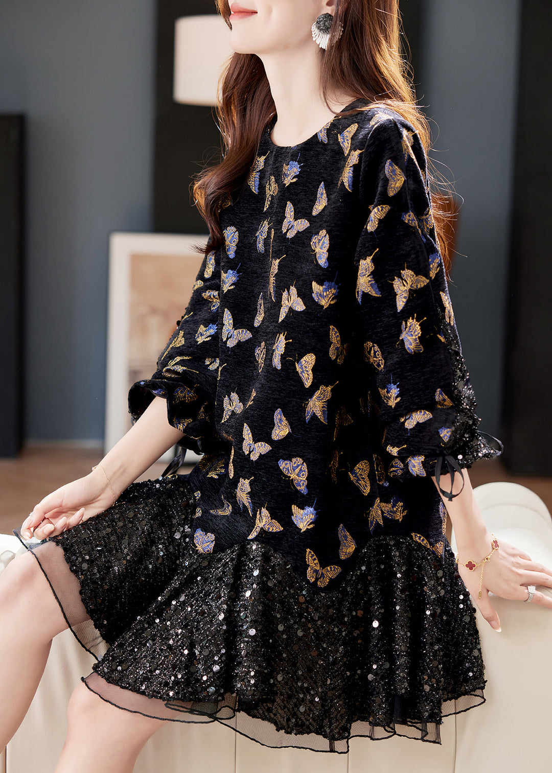 New Black Butterfly Sequins Tulle Patchwork Mid Dress Butterfly Sleeve