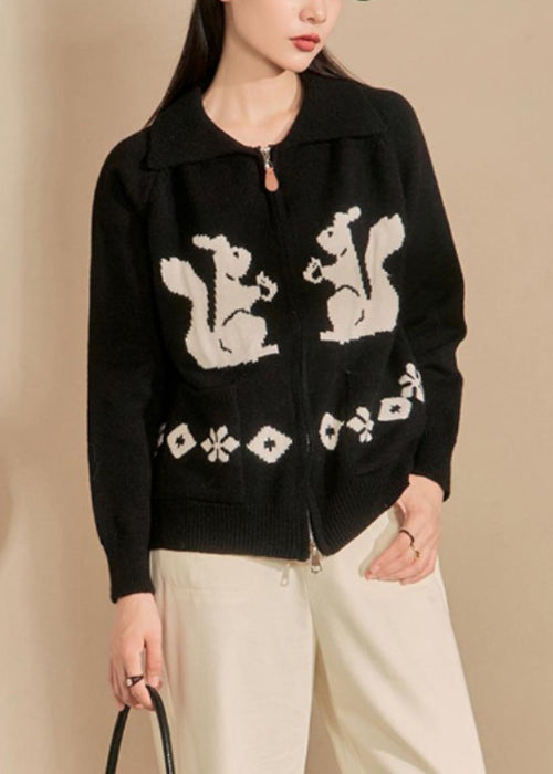 New Black Embroidered Zip Up Pockets Knit Coats Winter