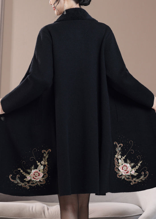 New Black Embroidered Zircon Wool Coats Spring