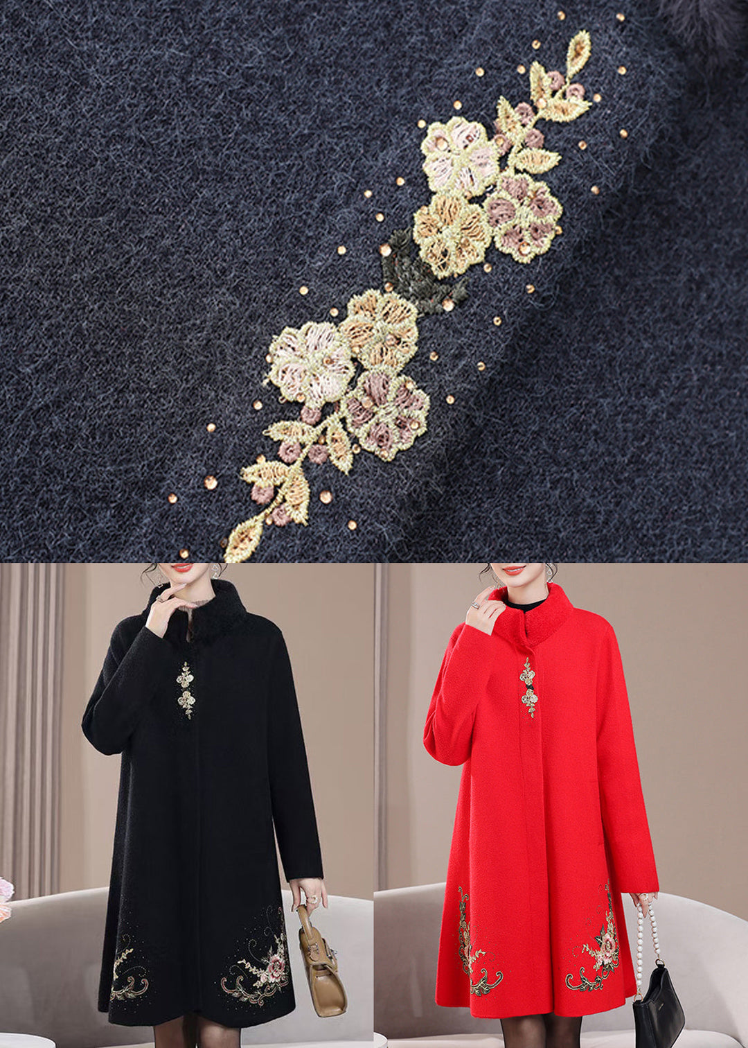 New Black Embroidered Zircon Wool Coats Spring