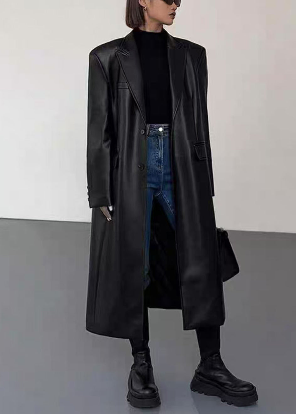 New Black Notched Button Faux Leather Long Coats Winter