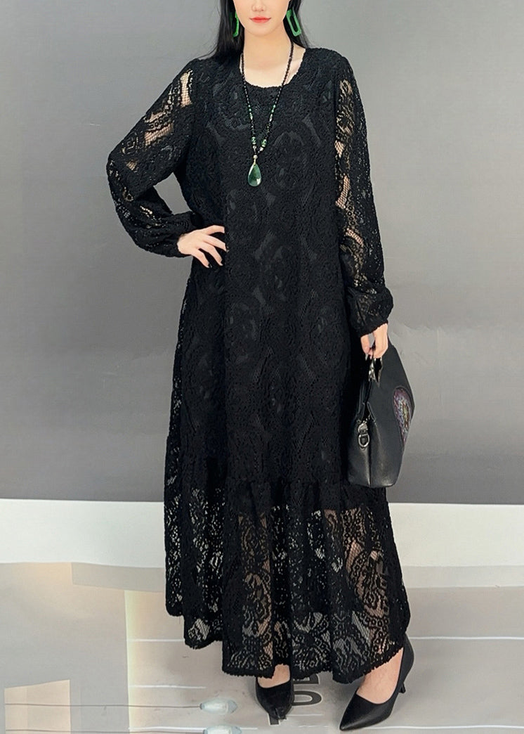 New Black O Neck Hollow Out Lace Long Dresses Fall