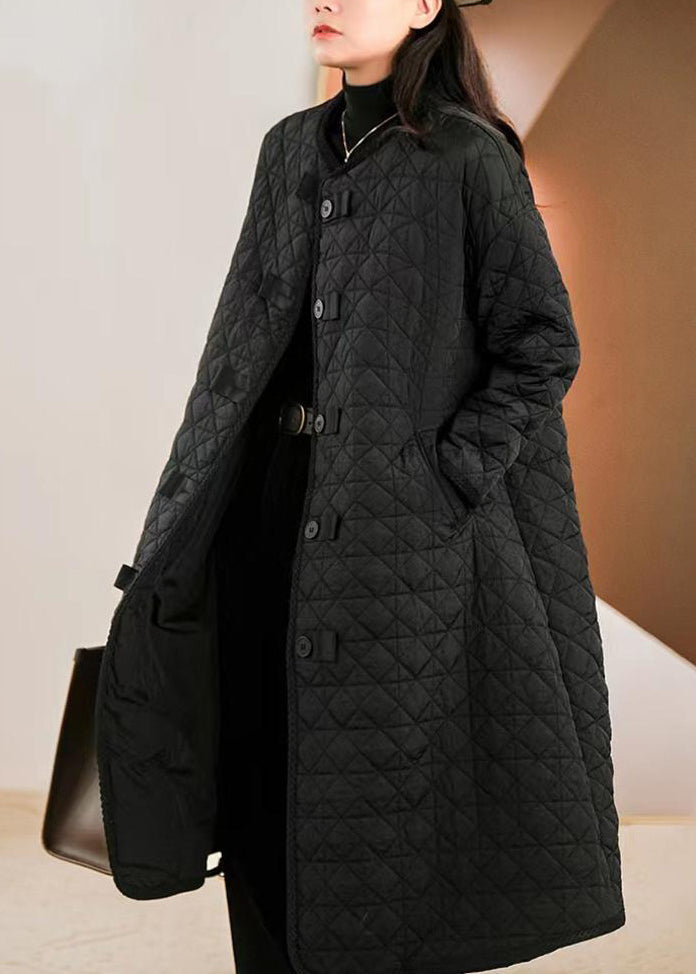 New Black O Neck Pockets Button Patchwork Fine Cotton Filled Coat Winter