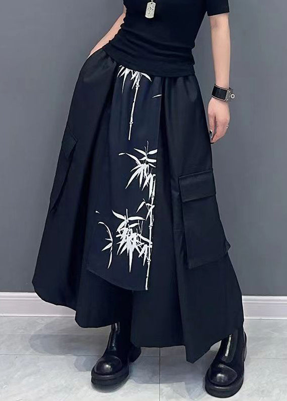 New Black Pockets Elastic Waist Cotton Wide Leg Pants Spring